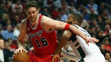 Mar 7, 2016; Chicago, IL, USA; Chicago Bulls center Pau Gasol (16) moves around defender Milwaukee Bucks center Greg Monroe (15) during the second half of the game at United Center. Mandatory Credit: Caylor Arnold-USA TODAY Sports