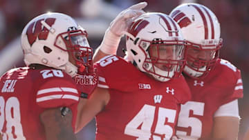 Sep 10, 2016; Madison, WI, USA; Wisconsin Badgers fullback Alec Ingold (45) is congratulated on his touchdown on a pass completion against the Akron Zips at Camp Randall Stadium. Wisconsin defeated Akron 54-10. Mandatory Credit: Mary Langenfeld-USA TODAY Sports