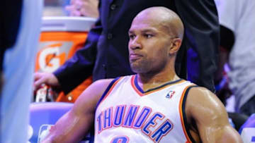 May 15, 2013; Oklahoma City, OK, USA; Oklahoma City Thunder point guard Derek Fisher (6) rests on the bench during game five against the Memphis Grizzlies in the second round of the 2013 NBA Playoffs at Chesapeake Energy Arena. The Grizzlies defeated the Thunder 88-84. Mandatory Credit: Jerome Miron-USA TODAY Sports