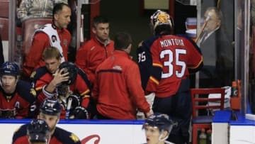 Mar 3, 2015; Sunrise, FL, USA; Florida Panthers goalie Al Montoya (35) leaves the game after an injury in the third period of a game against the Toronto Maple Leafs at BB&T Center. The Maple Leafs won 3-2. Mandatory Credit: Robert Mayer-USA TODAY Sports