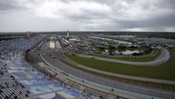 Nov 22, 2015; Homestead, FL, USA; A overall view of the track during a a rain delay before the Ford EcoBoost 400 at Homestead-Miami Speedway. Mandatory Credit: Peter Casey-USA TODAY Sports