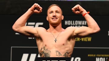 DETROIT, MI - DECEMBER 01: Justin Gaethje poses on the scale during the UFC 218 weigh-in inside Little Caesars Arena on December 1, 2017 in Detroit, Michigan. (Photo by Josh Hedges/Zuffa LLC/Zuffa LLC via Getty Images)