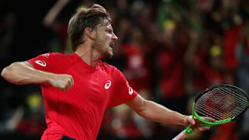 BRUSSELS, BELGIUM - SEPTEMBER 17: David Goffin of Belgium celebrates breaking Nick Kyrgios of Australia in the fourth set during day three of the Davis Cup World Group semi final match between Belgium and Australia at Palais 12 on September 17, 2017 in Brussels, Belgium. (Photo by Julian Finney/Getty Images)