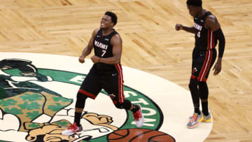 Kyle Lowry #7 of the Miami Heat reacts after a late basket in the fourth quarter against the Boston Celtics(Photo by Winslow Townson/Getty Images)