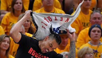 SALT LAKE CITY, UT - MAY 06: Gerald Green #14 of the Houston Rockets cheers from the bench as the Rockets beat the Utah Jazz 100-87 in Game Four of Round Two of the 2018 NBA Playoffs at Vivint Smart Home Arena on May 6, 2018 in Salt Lake City, Utah. NOTE TO USER: User expressly acknowledges and agrees that, by downloading and or using this photograph, User is consenting to the terms and conditions of the Getty Images License Agreement. (Photo by Gene Sweeney Jr./Getty Images)