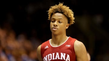 DURHAM, NC - NOVEMBER 27: Romeo Langford #0 of the Indiana Hoosiers walks to the bench against the Duke Blue Devils during their game at Cameron Indoor Stadium on November 27, 2018 in Durham, North Carolina. (Photo by Streeter Lecka/Getty Images)