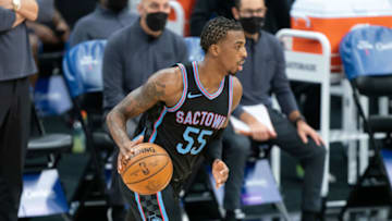 April 14, 2021; Sacramento, California, USA; Sacramento Kings guard Delon Wright (55) during the second quarter against the Washington Wizards at Golden 1 Center. Mandatory Credit: Kyle Terada-USA TODAY Sports