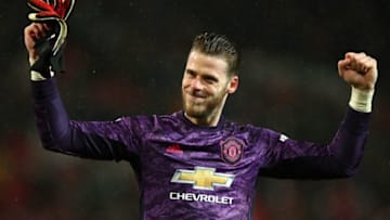 MANCHESTER, ENGLAND - MARCH 08: David de Gea of Manchester United celebrates at full time during the Premier League match between Manchester United and Manchester City at Old Trafford on March 8, 2020 in Manchester, United Kingdom. (Photo by Robbie Jay Barratt - AMA/Getty Images)