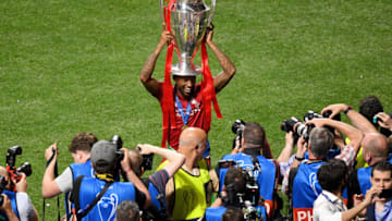 MADRID, SPAIN - JUNE 01: Georginio Wijnaldum of Liverpool lifts the Champions League Trophy after winning the UEFA Champions League Final between Tottenham Hotspur and Liverpool at Estadio Wanda Metropolitano on June 01, 2019 in Madrid, Spain. (Photo by David Ramos/Getty Images)