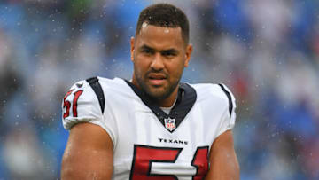 Oct 3, 2021; Orchard Park, New York, USA; Houston Texans outside linebacker Kamu Grugier-Hill (51) prior to the game against the Buffalo Bills at Highmark Stadium. Mandatory Credit: Rich Barnes-USA TODAY Sports