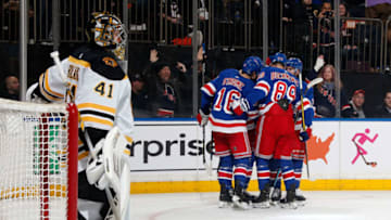 NEW YORK, NY - FEBRUARY 06: Filip Chytil #72 of the New York Rangers celebrates with teammates after scoring a goal in the third period against Jaroslav Halak #41 of the Boston Bruins at Madison Square Garden on February 6, 2019 in New York City. (Photo by Jared Silber/NHLI via Getty Images)