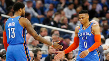 OKC Thunder Paul George and Russell Westbrook. (Photo by Michael Reaves/Getty Images)