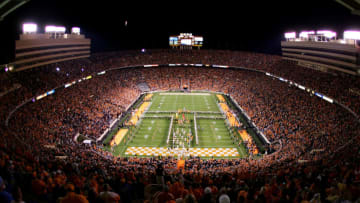 KNOXVILLE, TN - OCTOBER 29: The Tennessee Volunteers run onto the field before the start of their game against the South Carolina Gamecocks on October 29, 2005 at Neyland Stadium in Knoxville, Tennessee. (Photo by Streeter Lecka/Getty Images)
