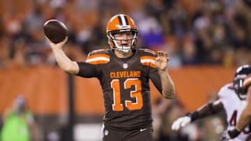 Sep 1, 2016; Cleveland, OH, USA; Cleveland Browns quarterback Josh McCown (13) completes a pass against the Chicago Bears during the second quarter at FirstEnergy Stadium. Mandatory Credit: Scott R. Galvin-USA TODAY Sports