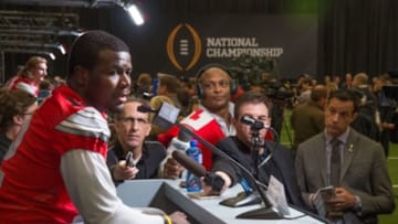 January 10, 2015; Arlington, TX, USA; Ohio State Buckeyes quarterback Cardale Jones (12) addresses the media during Media Day for the College Football Playoff National Championship at Dallas Convention Center. Mandatory Credit: Kyle Terada-USA TODAY Sports