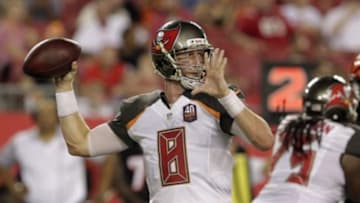 Aug 24, 2015; Tampa, FL, USA; Tampa Bay Buccaneers quarterback Mike Glennon (8) drops back to throw during the second half of a preseason NFL football game at Raymond James Stadium. The Tampa Bay Buccaneers beat the Cincinnati Bengals 25-11. Mandatory Credit: Reinhold Matay-USA TODAY Sports
