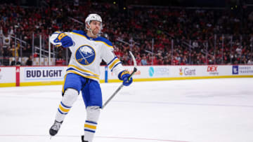 WASHINGTON, DC - MARCH 15: Tyson Jost #17 of the Buffalo Sabres celebrates after scoring a goal against the Washington Capitals during the first period of the game at Capital One Arena on March 15, 2023 in Washington, DC. (Photo by Scott Taetsch/Getty Images)