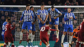 BRIGHTON, ENGLAND - DECEMBER 02: Philippe Coutinho of Liverpool slides the ball under the Brighton wall and into the net during the Premier League match between Brighton and Hove Albion and Liverpool at Amex Stadium on December 2, 2017 in Brighton, England. (Photo by Mike Hewitt/Getty Images)