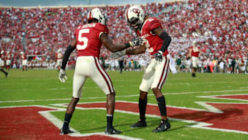 NORMAN, OK - SEPTEMBER 29: Wide receiver CeeDee Lamb #2 and wide receiver Marquise Brown #5 of the Oklahoma Sooners celebrate a touchdown against the Baylor Bears at Gaylord Family Oklahoma Memorial Stadium on September 29, 2018 in Norman, Oklahoma. Oklahoma defeated Baylor 66-33. (Photo by Brett Deering/Getty Images)
