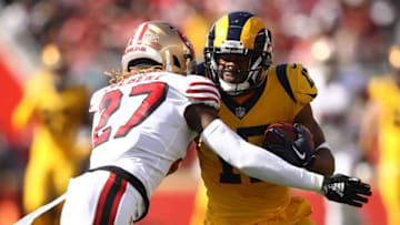 SANTA CLARA, CA - OCTOBER 21: Robert Woods #17 of the Los Angeles Rams is hit after a catch by Adrian Colbert #27 of the San Francisco 49ers during their NFL game at Levi's Stadium on October 21, 2018 in Santa Clara, California. (Photo by Ezra Shaw/Getty Images)