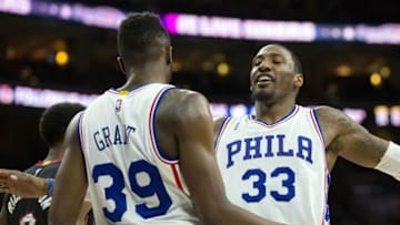 Mar 4, 2016; Philadelphia, PA, USA; Philadelphia 76ers forward Robert Covington (33) and forward Jerami Grant (39) celebrate a score against the Miami Heat during the second half at Wells Fargo Center. The Miami Heat won 112-102. Mandatory Credit: Bill Streicher-USA TODAY Sports