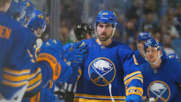 BUFFALO, NY - FEBRUARY 21: Alex Tuch #89 of the Buffalo Sabres scores his 100th NHL goal against the Toronto Maple Leafs during the third period at KeyBank Center on February 21, 2023 in Buffalo, New York. (Photo by Kevin Hoffman/Getty Images)