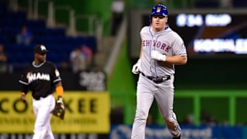 Sep 27, 2016; Miami, FL, USA; New York Mets right fielder Jay Bruce (19) rounds the bases after hitting a two run homer during the second inning against Miami Marlins at Marlins Park. Mandatory Credit: Steve Mitchell-USA TODAY Sports
