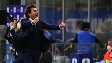 Inter Milan's Italian coach Antonio Conte celebrates at the end of the Italian Serie A football match Inter Milan vs Hellas Verona on April 25, 2021 at the San Siro stadium in Milan. (Photo by MIGUEL MEDINA / AFP) (Photo by MIGUEL MEDINA/AFP via Getty Images)
