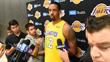 EL SEGUNDO, CA - FEBRUARY 12: Channing Frye #12 of the Los Angeles Lakers talks to the media during all access practice on February 12, 2018 at UCLA Heath Training Center in El Segundo, California. NOTE TO USER: User expressly acknowledges and agrees that, by downloading and or using this photograph, User is consenting to the terms and conditions of the Getty Images License Agreement. Mandatory Copyright Notice: Copyright 2018 NBAE (Photo by Andrew D. Bernstein/NBAE via Getty Images)