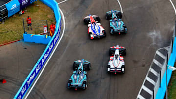 PUNTA DEL ESTE, URUGUAY - MARCH 17: In this handout provided by FIA Formula E, Felix Rosenqvist (SWE), Mahindra Racing, Mahindra M4Electro, Nelson Piquet Jr (BRA), Panasonic Jaguar Racing, Jaguar I-Type II,Mitch Evans (NZL), Panasonic Jaguar Racing, Jaguar I-Type II, and Maro Engel (GER), Venturi Formula E, Venturi VM200-FE-03 during the Punta del Este ePrix, Round 6 of the 2017/18 FIA Formula E Series on March 17, 2018 at Playa Brava Beach in Punta del Este, Uruguay. (Photo by Sam Bloxham/FIA Formula E via Getty Images)