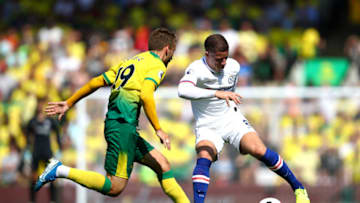 NORWICH, ENGLAND - AUGUST 24: Ross Barkley of Chelsea takes on Tom Trybull of Norwich City during the Premier League match between Norwich City and Chelsea FC at Carrow Road on August 24, 2019 in Norwich, United Kingdom. (Photo by Julian Finney/Getty Images)