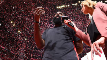 HOUSTON, TX - MAY 16: James Harden #13 of the Houston Rockets talks with media after the game against the Golden State Warriors during Game Two of the Western Conference Finals of the 2018 NBA Playoffs on May 16, 2018 at the Toyota Center in Houston, Texas. NOTE TO USER: User expressly acknowledges and agrees that, by downloading and or using this photograph, User is consenting to the terms and conditions of the Getty Images License Agreement. Mandatory Copyright Notice: Copyright 2018 NBAE (Photo by Andrew D. Bernstein/NBAE via Getty Images)
