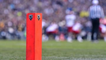 Nov 19, 2016; Boulder, CO, USA; General of a PAC 12 end zone marker during the first half of the game between the Washington State Cougars against the Colorado Buffaloes at Folsom Field. Mandatory Credit: Ron Chenoy-USA TODAY Sports