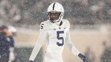 Nov 27, 2021; East Lansing, Michigan, USA; Penn State Nittany Lions wide receiver Jahan Dotson (5) looks over to the sideline during the fourth quarter against the Michigan State Spartans at Spartan Stadium. Mandatory Credit: Raj Mehta-USA TODAY Sports
