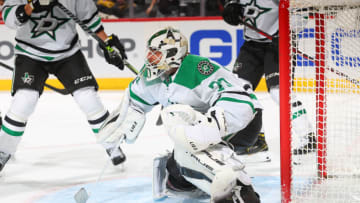 NEWARK, NJ - JANUARY 25: Braden Holtby #70 of the Dallas Stars defends the net against the New Jersey Devils during the second period on January 25, 2022 at the Prudential Center in Newark, New Jersey. (Photo by Rich Graessle/Getty Images)