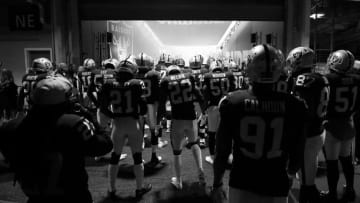 LONDON, ENGLAND - OCTOBER 14: (EDITORS NOTE - This image has been converted to black and white) Oakland Raiders wait in the tunnel ahead of the NFL International series match between Seattle Seahawks and Oakland Raiders at Wembley Stadium on October 14, 2018 in London, England. (Photo by Naomi Baker/Getty Images)