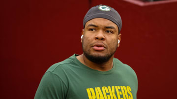 LANDOVER, MD - OCTOBER 23: Zach Tom #50 of the Green Bay Packers takes the field before the game against the Washington Commanders at FedExField on October 23, 2022 in Landover, Maryland. (Photo by Scott Taetsch/Getty Images)