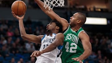 Nov 21, 2016; Minneapolis, MN, USA; Minnesota Timberwolves guard Andrew Wiggins (22) shoots in the second quarter against the Boston Celtics center Al Horford (42) at Target Center. Mandatory Credit: Brad Rempel-USA TODAY Sports