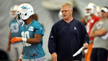 Jun 11, 2013; Davie, FL, USA; Miami Dolphins offensive coordinator Mike Sherman (right) talks with wide receiver Brandon Gibson (right) during practice drills at the Doctors Hospital Training Facility at Nova Southeastern University. Mandatory Credit: Steve Mitchell-USA TODAY Sports