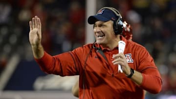 Nov 25, 2016; Tucson, AZ, USA; Arizona Wildcats head coach Rich Rodriguez celebrates after scoring a touchdown against the Arizona State Sun Devils during the fourth quarter of the Territorial Cup at Arizona Stadium. The Wildcats won 56-35. Mandatory Credit: Casey Sapio-USA TODAY Sports