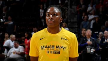 BOSTON, MA - SEPTEMBER 17: Nneka Ogwumike #30 of the Los Angeles Sparks stands for the National Anthem before the game against the Connecticut Sun on September 17, 2019 at the Mohegan Sun Arena in Uncasville, Connecticut. NOTE TO USER: User expressly acknowledges and agrees that, by downloading and or using this photograph, User is consenting to the terms and conditions of the Getty Images License Agreement. Mandatory Copyright Notice: Copyright 2019 NBAE (Photo by Brian Babineau/NBAE via Getty Images)