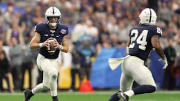 GLENDALE, AZ - DECEMBER 30: Quarterback Trace McSorley #9 of the Penn State Nittany Lions drops back to pass during the Playstation Fiesta Bowl against the Washington Huskies at University of Phoenix Stadium on December 30, 2017 in Glendale, Arizona. The Nittany Lions defeated the Huskies 35-28. (Photo by Christian Petersen/Getty Images)
