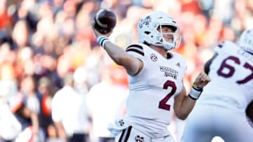 Nov 13, 2021; Auburn, Alabama, USA; Mississippi State Bulldogs quarterback Will Rogers (2) throws a pass against the Auburn Tigers during the third quarter at Jordan-Hare Stadium. Mandatory Credit: John Reed-USA TODAY Sports