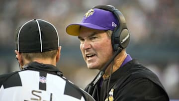 Aug 18, 2016; Seattle, WA, USA; Minnesota Vikings head coach Mike Zimmer talks to an official during a preseason game against the Seattle Seahawks at CenturyLink Field. Mandatory Credit: Troy Wayrynen-USA TODAY Sports