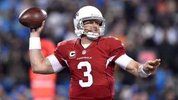 Jan 24, 2016; Charlotte, NC, USA; Arizona Cardinals quarterback Carson Palmer (3) throws a pass during the third quarter against the Carolina Panthers in the NFC Championship football game at Bank of America Stadium. Mandatory Credit: Bob Donnan-USA TODAY Sports