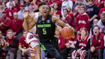 BLOOMINGTON, IN - MARCH 02: Cassius Winston #5 of the Michigan State Spartans drives to the basket around Rob Phinisee #10 of the Indiana Hoosiers at Assembly Hall on March 2, 2019 in Bloomington, Indiana. (Photo by Michael Hickey/Getty Images)