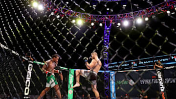 ATLANTIC CITY, NEW JERSEY - JUNE 10: Bubba Jenkins of the United States and Bobby Moffett of the United States fight during the featherweight bout in Ovation Hall at Ocean Casino Resort on June 10, 2021 in Atlantic City, New Jersey. (Photo by Elsa/Getty Images)
