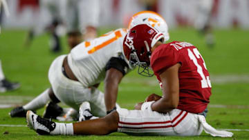 TUSCALOOSA, ALABAMA - OCTOBER 19: Tua Tagovailoa #13 of the Alabama Crimson Tide reacts after throwing an interception in the first half against the Tennessee Volunteers at Bryant-Denny Stadium on October 19, 2019 in Tuscaloosa, Alabama. (Photo by Kevin C. Cox/Getty Images)
