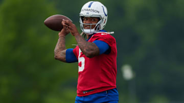 June 14, 2023; Indianapolis, IN, USA; Indianapolis Colts quarterback Anthony Richardson (5) works through passing drills Wednesday, June 14, 2023, during mandatory minicamp at the Indiana Farm Bureau Football Center in Indianapolis. Mandatory Credit: Mykal McEldowney-USA TODAY Sports