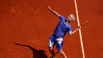PARIS, FRANCE - JUNE 09: John McEnroe of The United States, partner of Cedric Pioline of France in action during Mens Legends match against Pat Cash of Australia and Michael Chang of The United States on day thirteen of the 2017 French Open at Roland Garros on June 9, 2017 in Paris, France. (Photo by Clive Brunskill/Getty Images)